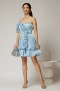 Rochie scurta bleu de ocazie cu volanas pe umar din voal peliculizat, 3, dyfashion.ro