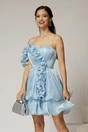 Rochie scurta bleu de ocazie cu volanas pe umar din voal peliculizat, 1, dyfashion.ro