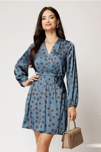 Rochie scurta bleu din satin cu buline maro si cordon in talie