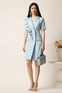 Rochie scurta bleu din stofa tip sacou cu croi cambrat si volan pe bust, 3, dyfashion.ro