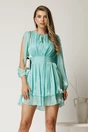 Rochie scurta bleu din voal satinat in clos cu insertii din fir lurex, 1, dyfashion.ro