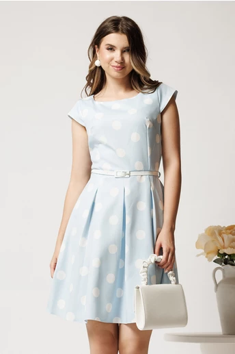 Rochie scurta bleu in clos cu buline si curea in talie