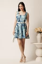 Rochie scurta bleu in clos cu imprimeuri si curea detasabila in talie, 3, dyfashion.ro
