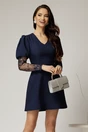 Rochie scurta bleumarin cu maneci din dantela si decolteu V, 1, dyfashion.ro