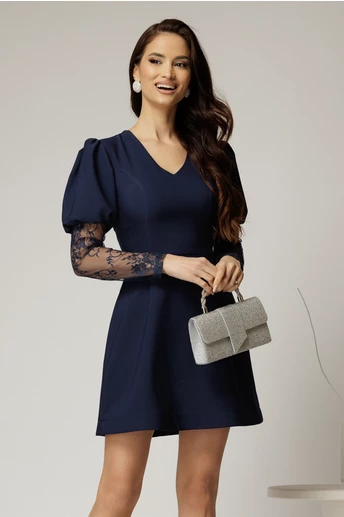 Rochie scurta bleumarin cu maneci din dantela si decolteu V