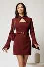 Rochie scurta bordo cu guler tip camasa si accesoriu, 1, dyfashion.ro