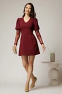 Rochie scurta bordo cu maneci din dantela si decolteu V, 3, dyfashion.ro