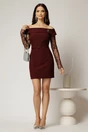 Rochie scurta bordo cu umeri lasati si manecile din dantela, 3, dyfashion.ro
