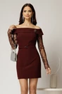 Rochie scurta bordo cu umeri lasati si manecile din dantela, 1, dyfashion.ro