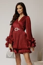 Rochie scurta bordo de seara cu fusta tip gogosar si maneci ample, 1, dyfashion.ro