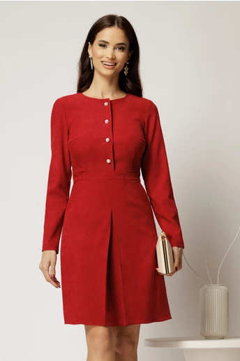 Rochie scurta bordo din catifea reiata cu pliu pe fusta si nasturi perla