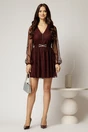 Rochie scurta bordo din dantela cu maneci bufante si curea, 3, dyfashion.ro