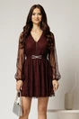 Rochie scurta bordo din dantela cu maneci bufante si curea, 1, dyfashion.ro