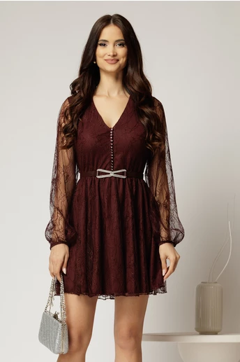 Rochie scurta bordo din dantela cu maneci bufante si curea