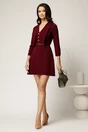 Rochie scurta bordo din stofa cu guler maxi ascutit si curea in talie, 3, dyfashion.ro