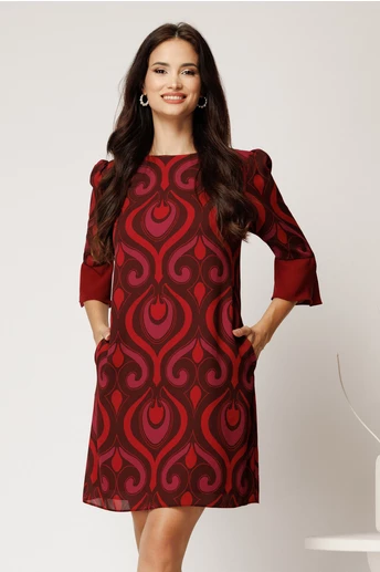 Rochie scurta bordo din voal cu imprimeu si croi cambrat