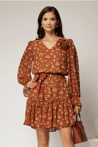 Rochie scurta caramizie cu imprimeu floral si volanas la baza