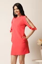 Rochie scurta corai din stofa cu croi drept si perle pe maneci, 1, dyfashion.ro
