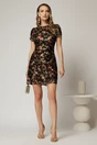 Rochie scurta din dantela neagra cu print maro auriu si catarama in talie, 3, dyfashion.ro
