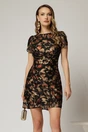 Rochie scurta din dantela neagra cu print maro auriu si catarama in talie, 1, dyfashion.ro
