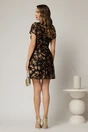 Rochie scurta din dantela neagra cu print maro auriu si catarama in talie, 2, dyfashion.ro