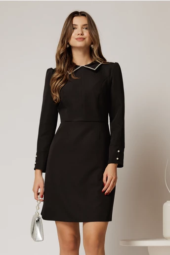 Rochie scurta eleganta neagra cu perle la guler