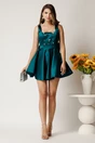 Rochie scurta eleganta turcoaz din tafta cu strasuri la bust si funda la spate, 3, dyfashion.ro