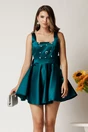 Rochie scurta eleganta turcoaz din tafta cu strasuri la bust si funda la spate, 1, dyfashion.ro