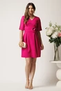 Rochie scurta fucsia din stofa cu trandafir si pliuri in talie- Moze, 2, dyfashion.ro