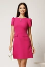 Rochie scurta fucsia din stofa evazata cu perle la decolteu si buzunare decorative, 1, dyfashion.ro