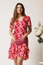 Rochie scurta fucsia din voal lejera cu print rosu si volane la baza- Moze, 1, dyfashion.ro