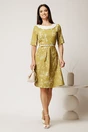 Rochie scurta galben mustar din triplu voal cu imprimeu alb si curea in talie, 3, dyfashion.ro