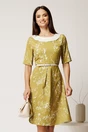 Rochie scurta galben mustar din triplu voal cu imprimeu alb si curea in talie, 1, dyfashion.ro