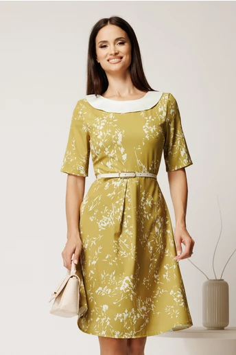 Rochie scurta galben mustar din triplu voal cu imprimeu alb si curea in talie