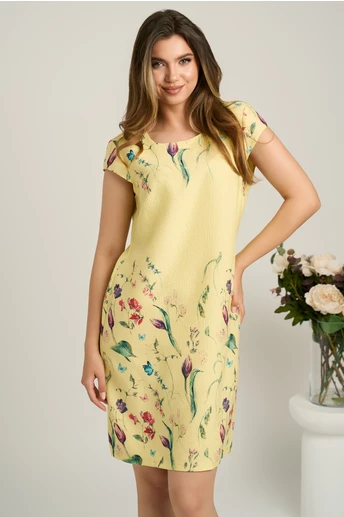 Rochie scurta galbena cu croi drept si imprimeu floral