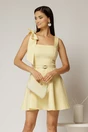 Rochie scurta galbena cu funda pe umar si decolteu patrat, 1, dyfashion.ro