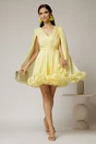 Rochie scurta galbena de ocazie cu aplicatii florale pe talie din voal peliculizat, 3, dyfashion.ro