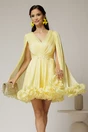 Rochie scurta galbena de ocazie cu aplicatii florale pe talie din voal peliculizat, 1, dyfashion.ro