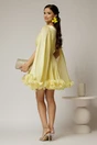 Rochie scurta galbena de ocazie cu aplicatii florale pe talie din voal peliculizat, 2, dyfashion.ro