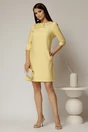 Rochie scurta galbena de ocazie cu croi drept si funde cu guler cu margele la decolteu, 3, dyfashion.ro