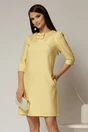 Rochie scurta galbena de ocazie cu croi drept si funde cu guler cu margele la decolteu, 1, dyfashion.ro
