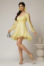 Rochie scurta galbena de ocazie cu fusta cu volanase si manecile lungi crapate, 3, dyfashion.ro