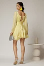 Rochie scurta galbena de ocazie cu fusta cu volanase si manecile lungi crapate, 2, dyfashion.ro
