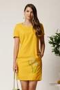 Rochie scurta galbena din in cu broderie florala pe fusta, 1, dyfashion.ro