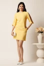 Rochie scurta galbena din stofa cu croi drept si perle pe maneci- Moze, 3, dyfashion.ro