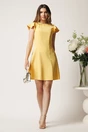 Rochie scurta galbena din stofa in cos cu perlute la decolteu- Moze, 3, dyfashion.ro