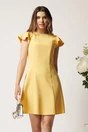 Rochie scurta galbena din stofa in cos cu perlute la decolteu- Moze, 1, dyfashion.ro