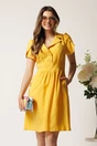 Rochie scurta galbena din tencel in clos cu nasturi la bust- Moze, 1, dyfashion.ro