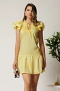 Rochie scurta galbena din triplu voal cu croi cambrat si volan la baza, 1, dyfashion.ro