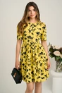 Rochie scurta galbena din voal in clos cu imprimeu floral negru- Moze, 1, dyfashion.ro